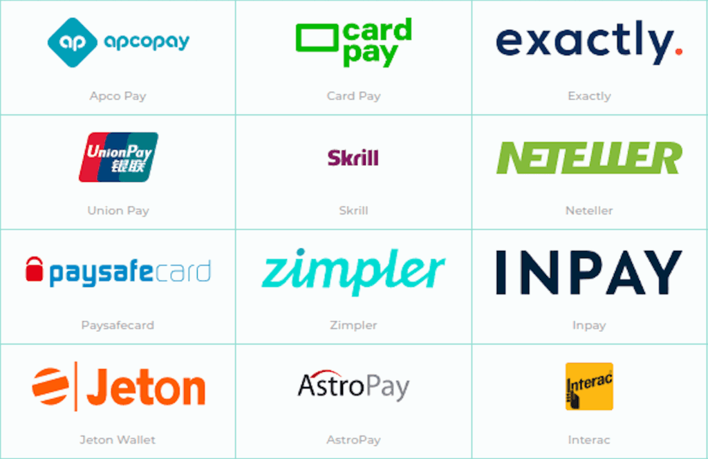 A grid displaying various online payment method logos, including Visa, Mastercard, Interac, Skrill, Neteller, EcoPayz, Paysafecard, Paykasa, and other common digital wallets and card services used for online casino transactions