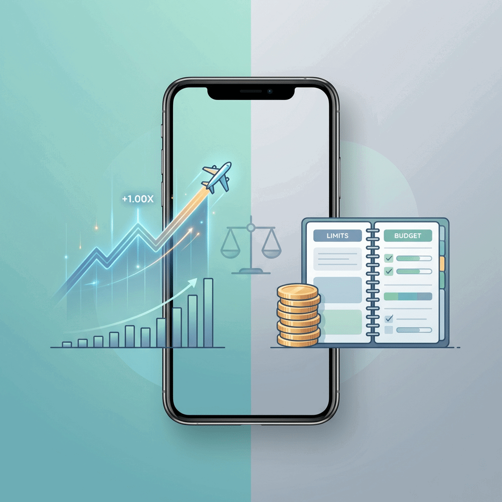 Smartphone mostrando gráfico de ganhos do jogo Aviator, com ícones de M-Pesa e moedas, representando jogadores em Moçambique