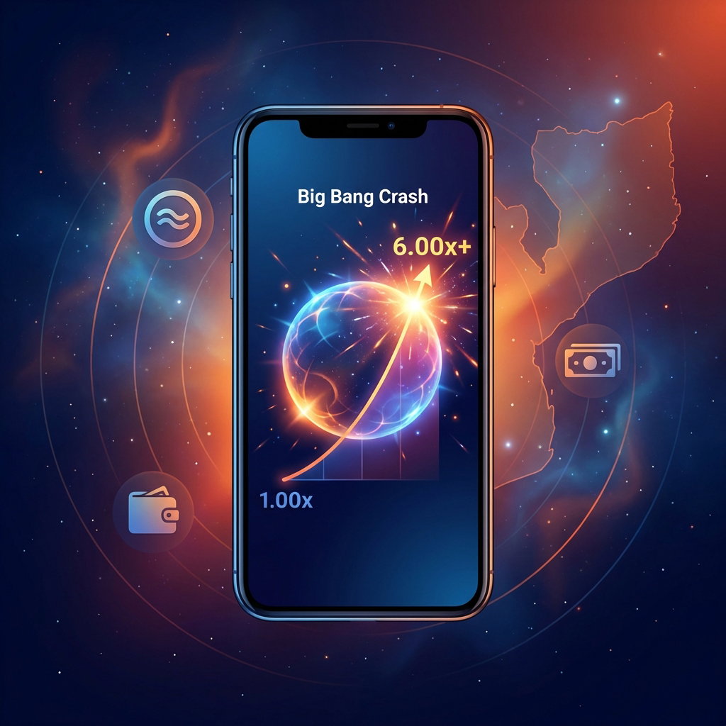 Smartphone mostrando o jogo Big Bang Crash com gráfico de multiplicador crescente e ícones de carteira móvel M-Pesa para jogadores moçambicanos