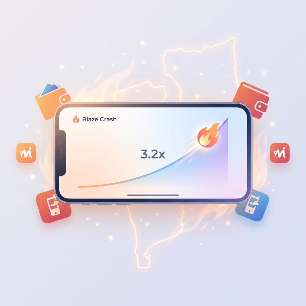 Smartphone com jogo Blaze Crash e gráfico de multiplicador crescente, ícones de carteira móvel M-Pesa, representando jogadores em Moçambique