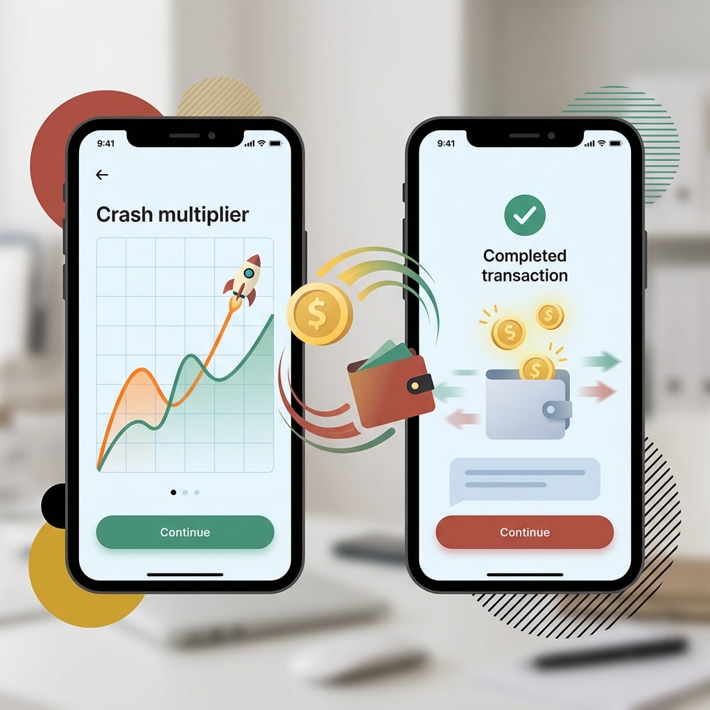 Dois smartphones mostrando crash game e transferência concluída, ícones de carteira móvel M-Pesa, representando saques rápidos para jogadores em Moçambique