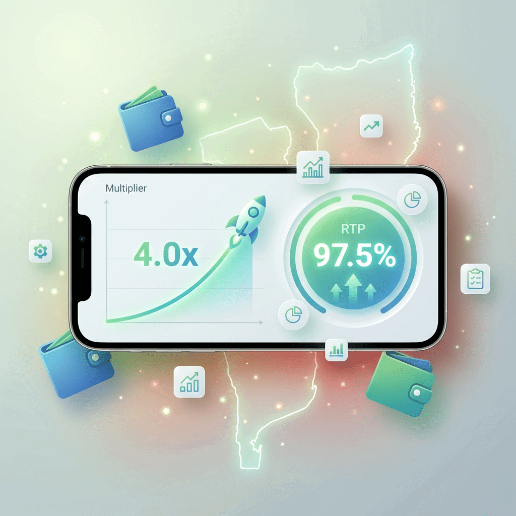 Smartphone mostrando crash game com gráfico de multiplicador e indicador de RTP alto, ícones de carteira móvel M-Pesa, jogadores em Moçambique