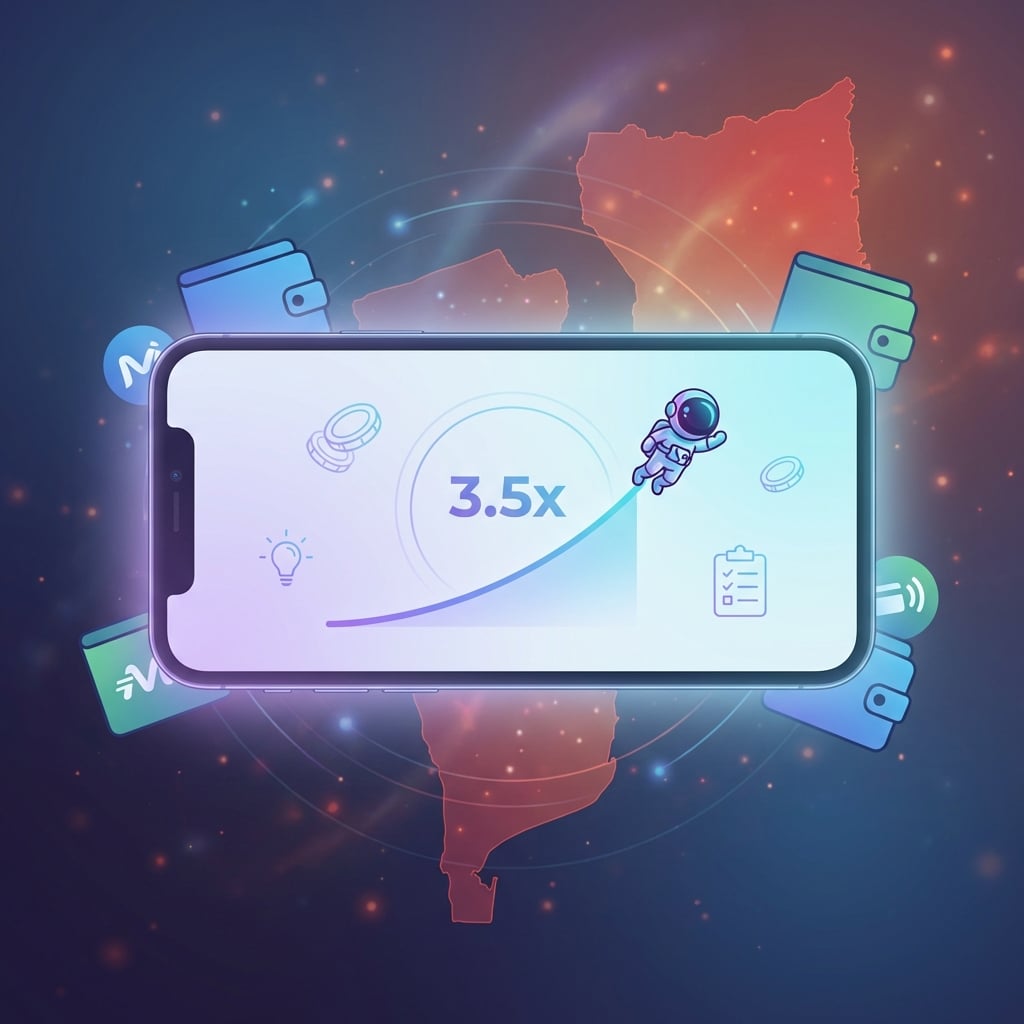 Smartphone mostrando o jogo Spaceman com gráfico de multiplicador em ascensão e ícones de carteira móvel M-Pesa, representando jogadores em Moçambique