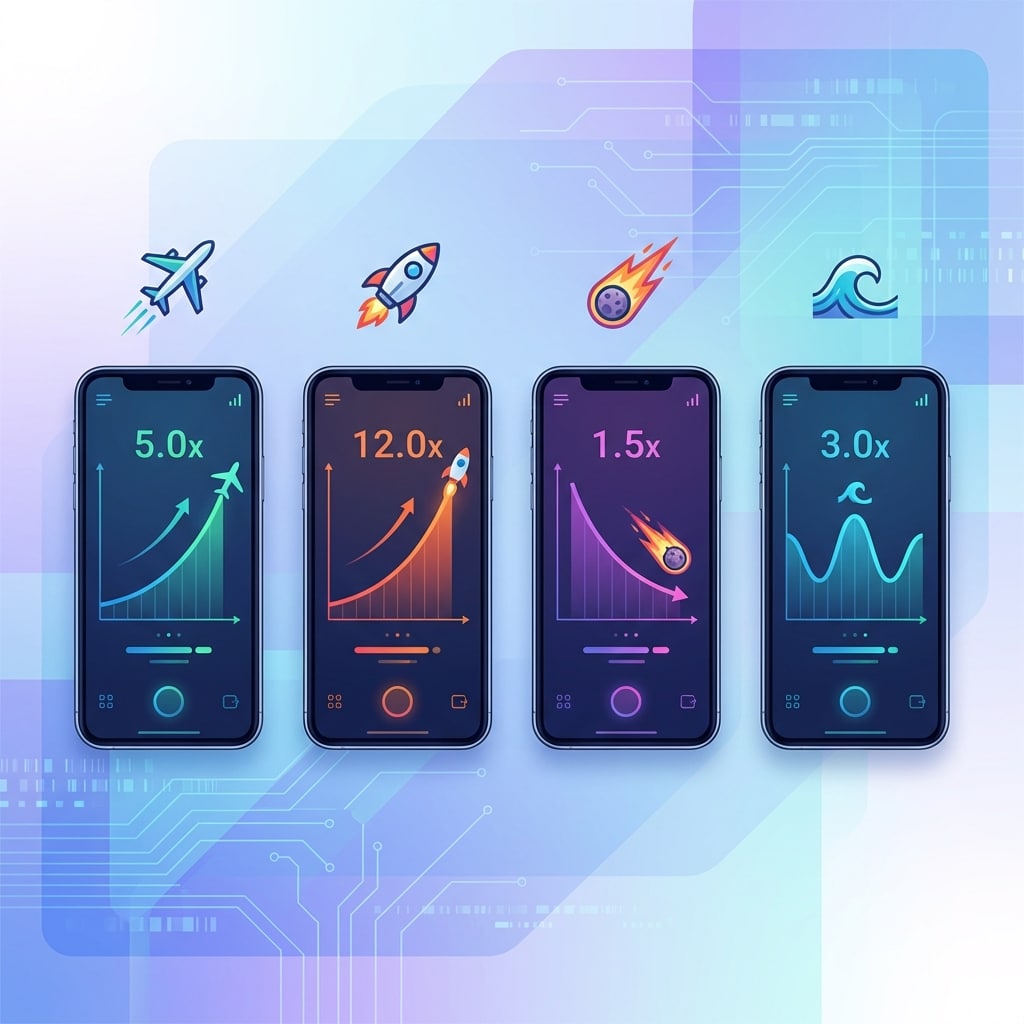 Vários smartphones mostrando diferentes crash games com gráficos de multiplicador, ícones de carteira móvel M-Pesa, representando jogadores moçambicanos