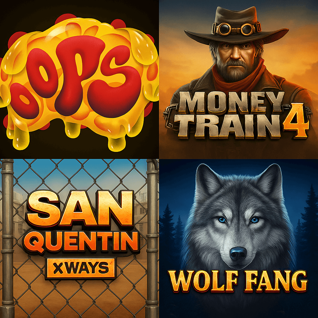 Grid featuring four top slot games: Oops with a gooey logo, Money Train 4 showing a rugged bounty hunter, San Quentin xWays behind a prison fence, and Wolf Fang with a fierce wolf in a forest backdrop.