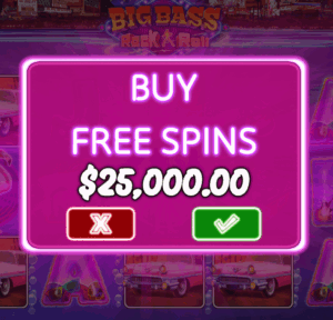 Three scatter symbols activating a free spins bonus round in an online slot game big bass bonanza rock&roll