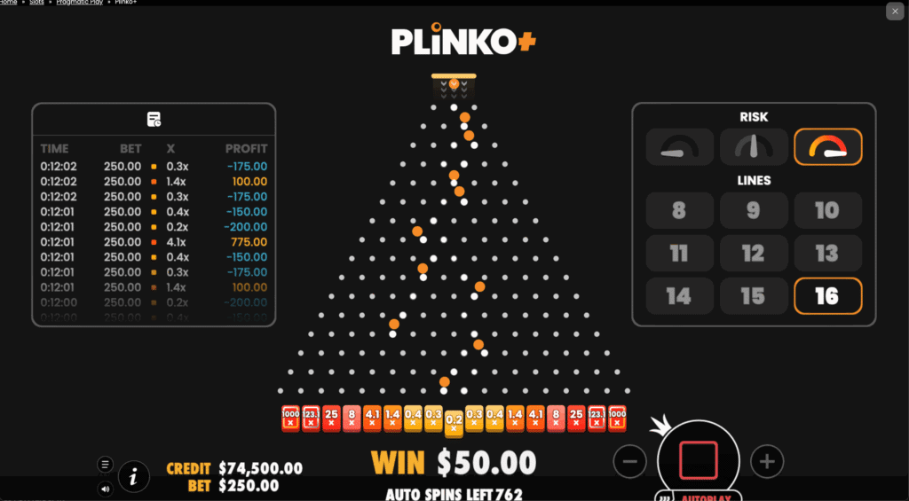 Screenshot of Pragmatic Play's PLINKO+ game interface, featuring adjustable risk levels, up to 16 lines, and a detailed betting history table.