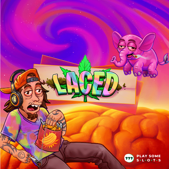 Promotional image for the Laced slot by Shady Lady, featuring the main character in a hazy, surreal setting surrounded by giant green 'Buds' and neon graphics, highlighting the 5x6 grid and high-volatility theme.