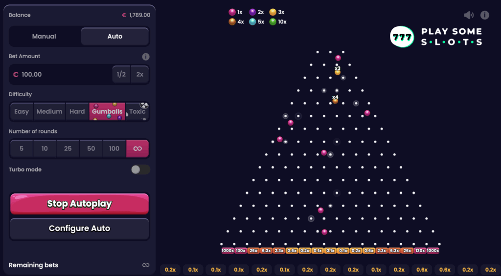 Screenshot of Ebaka Plinko game, showing the large pyramid and high-risk payout slots.